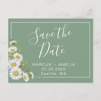 可愛いグリーンとホワイトのデイジーでSave The Date 案内ポストカード