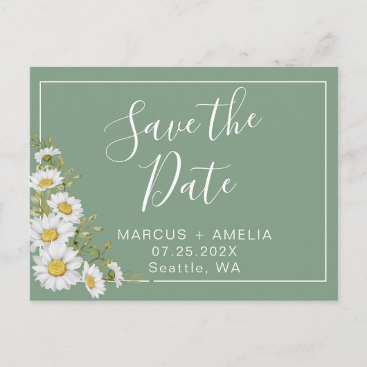 可愛いグリーンとホワイトのデイジーでSave The Date 案内ポストカード (正面)