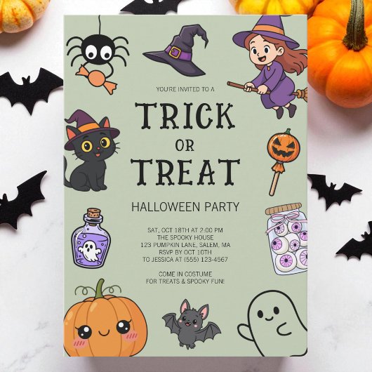 可愛いグリーンのハロウィン仮装パーティー 招待状