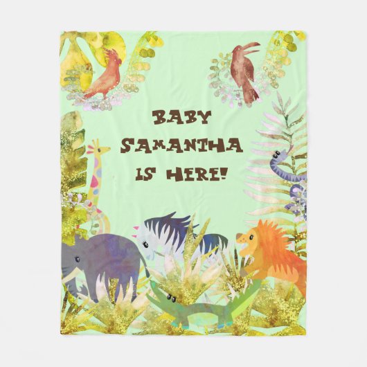 可愛いグリーンオレンジ青い水色ジャングル動物 フリースブランケット (正面)