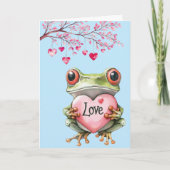 可愛いグリーンカエルとピンクラブハートバレンタイン シーズンカード (正面)