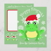 可愛いグリーンカエルのクリスマスサンタハットマンガグリーン シーズンカード (正面/裏面)