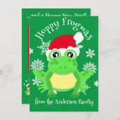 可愛いグリーンカエルのクリスマスサンタハットマンガグリーン シーズンカード (正面/裏面)