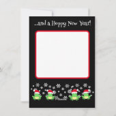 可愛いグリーンカエルのクリスマスサンタハットマンガートブラック シーズンカード (裏面)