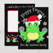 可愛いグリーンカエルのクリスマスサンタハットマンガートブラック シーズンカード (正面/裏面)