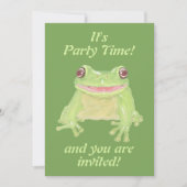 可愛いグリーンツリーカエル – 誕生日パーティフル文字。 招待状 (正面)