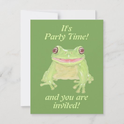 可愛いグリーンツリーカエル – 誕生日パーティフル文字。 招待状 (正面)