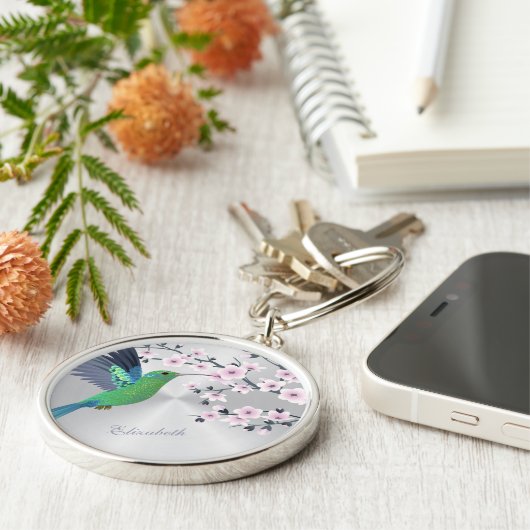 可愛いグリーンハミングバードさくらんぼブロッサム追加の名前Ke キーホルダー (側面)