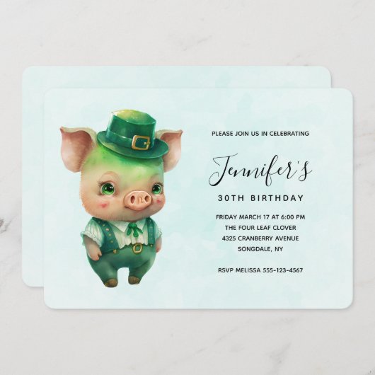可愛いグリーンフェアユタリーピッグファンシーインファッション誕生日 招待状 (正面/裏面)
