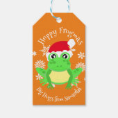 可愛いグリーンフロッグクリスマスサンタハットマンガートオレンジ ギフトタグ (正面)