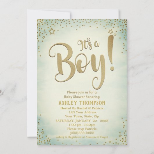 可愛いグリーン男の子星ベビーシャワー招待状 招待状 (正面)