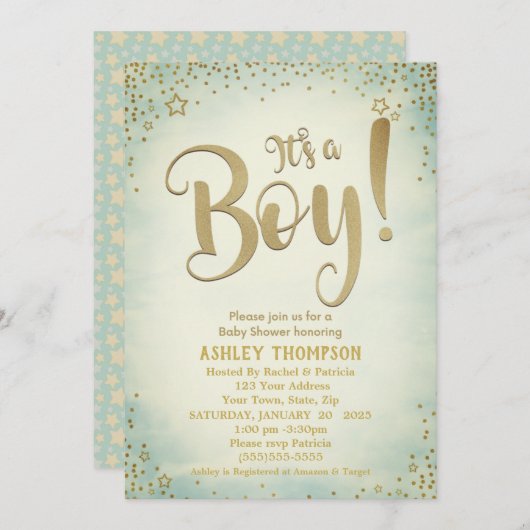 可愛いグリーン男の子星ベビーシャワー招待状 招待状 (正面/裏面)