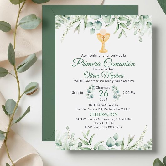可愛いグリーン離れスペインのFirst Communion 招待状