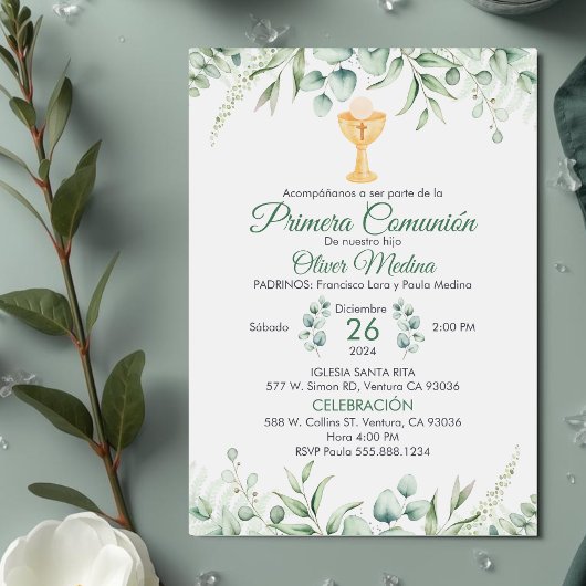 可愛いグリーン離れスペインのFirst Communion 招待状