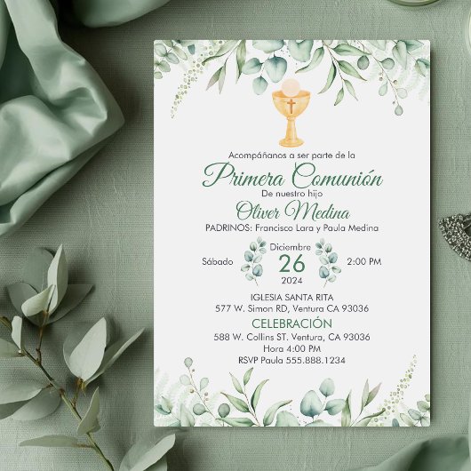 可愛いグリーン離れスペインのFirst Communion 招待状