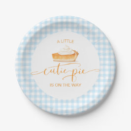 可愛いケーキ柄のパンプキンパイ ブルーチェック ベビーシャワー ペーパープレート