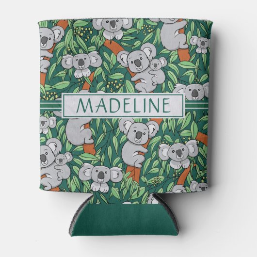 可愛いコアラ柄パーソナライズされたハンターグリーン 缶クーラー (正面)