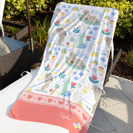 可愛いコアラ柄小さな女の子名付きピンク ビーチタオル