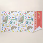 可愛いコアラ柄小さな女の子名付きピンク ビーチタオル (正面)