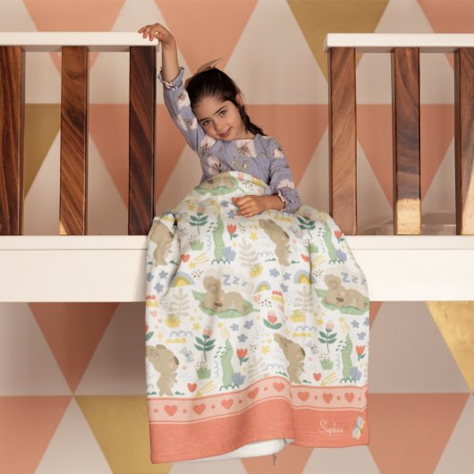 可愛いコアラ柄小さな女の子名付きピンク フリースブランケット