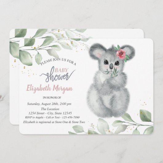 可愛いコアラ葉ーズ赤ちゃんシャワー 招待状 (正面/裏面)