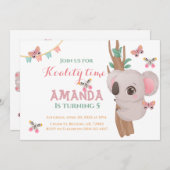 可愛いコアリティタイムコアラはピンクのティール（緑がかった色）の木の動物 招待状 (正面/裏面)