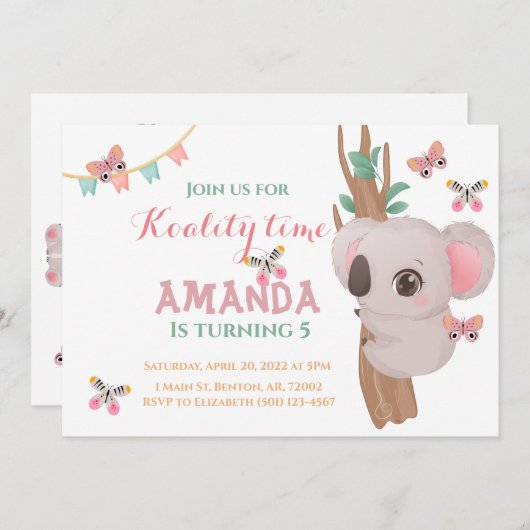 可愛いコアリティタイムコアラはピンクのティール（緑がかった色）の木の動物 招待状 (正面/裏面)