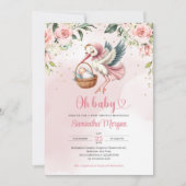 可愛いコウノトリ赤ちゃん女の子のフローラ 招待状 (正面)