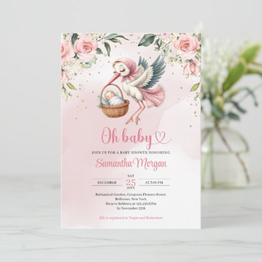 可愛いコウノトリ赤ちゃん女の子のフローラ 招待状 (スタンド正面)