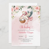可愛いコウノトリ赤ちゃん女の子のフローラ 招待状 (正面/裏面)