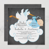 可愛いコウノトリChalkboard男の子の赤ちゃんシャワー侵略 招待状 (正面/裏面)