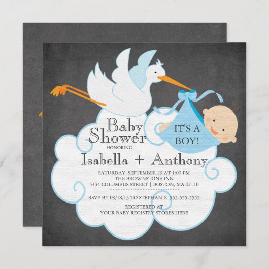 可愛いコウノトリChalkboard男の子の赤ちゃんシャワー侵略 招待状 (正面/裏面)
