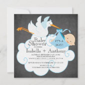可愛いコウノトリChalkboard男の子の赤ちゃんシャワー侵略 招待状 (正面)