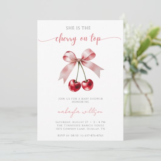 可愛いコケットさくらんぼオントップベビーシャワーピンク&レッド 招待状 (スタンド正面)