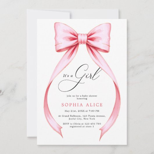 可愛いコケットの女の子が甘い赤ちゃんシャワーをボウ 招待状 (正面)