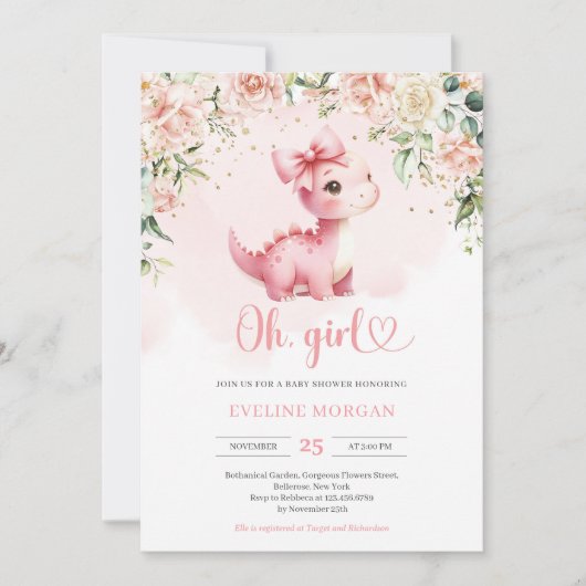 可愛いコケットベビー恐竜ガールフローラ 招待状 (正面)