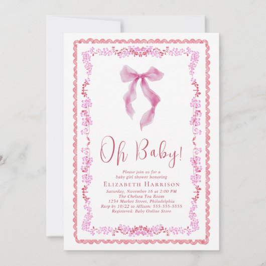 可愛いコケット弓の水の色ベビーガールシャワー 招待状 (正面)