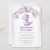 可愛いコケット恐竜の女の子紫色の牡丹アーチ 招待状 (正面)