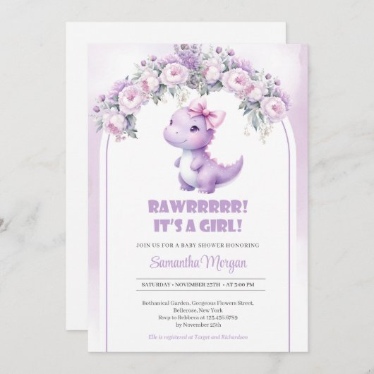 可愛いコケット恐竜の女の子紫色の牡丹アーチ 招待状 (正面/裏面)