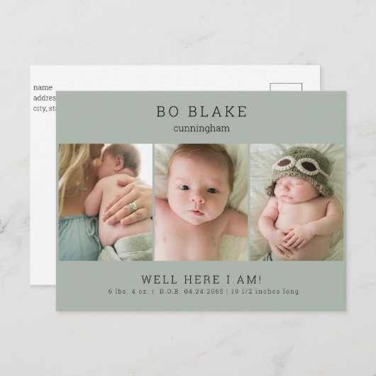 可愛いコラージュ写真セージベビー誕生のお知らせ 案内ポストカード (正面/裏面)