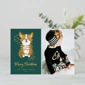 可愛いコルギとストリングライト写真楽しいクリスマス 箔シーズンカード (立ち正面)