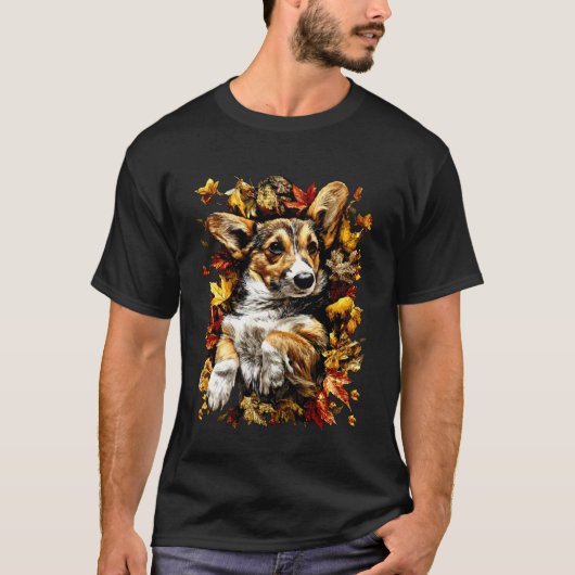 可愛いコーギーと秋の葉 秋の雰囲気 Tシャツ (正面)