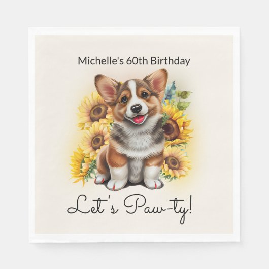 可愛いコーギーの犬とひまわりの60歳の誕生日 スタンダードランチョンナプキン (正面)