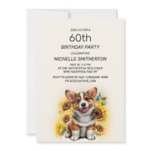 可愛いコーギーの犬とひまわりの60歳の誕生日