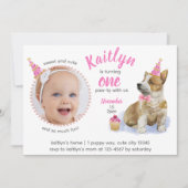 可愛いコーギ🐶子犬ピンク写真第1誕生日 招待状 (正面)