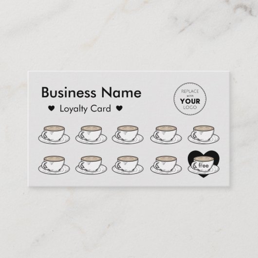 可愛いコーヒーカップ飲み物&ハートあなたのロゴグレーを追加 ロイヤリティカード (正面)