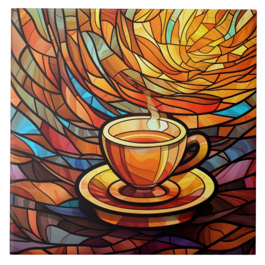 可愛いコーヒーショップのキッチンフェイクステンドグラス タイル (正面)