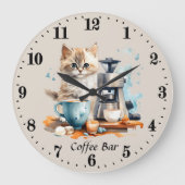 可愛いコーヒーバー猫の追加文字 ラージ壁時計 (正面)