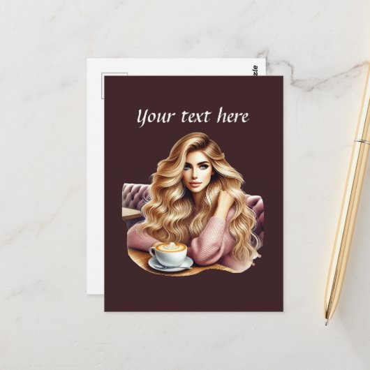 可愛いコーヒーレディーアッド文字 ポストカード (正面/裏面インサイチュ)