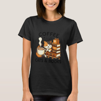 可愛いコーヒー猫の本好きのための居心地の良いアイデア 女性 Tシャツ